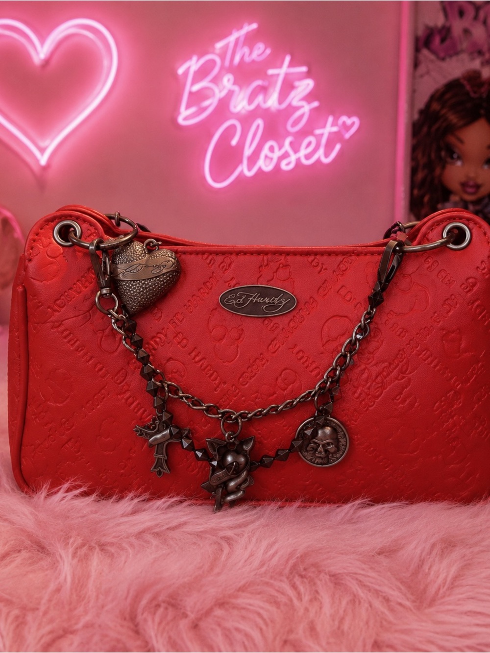 Ed Hardy Red Embossed Shoulder Bag with Charm Chain